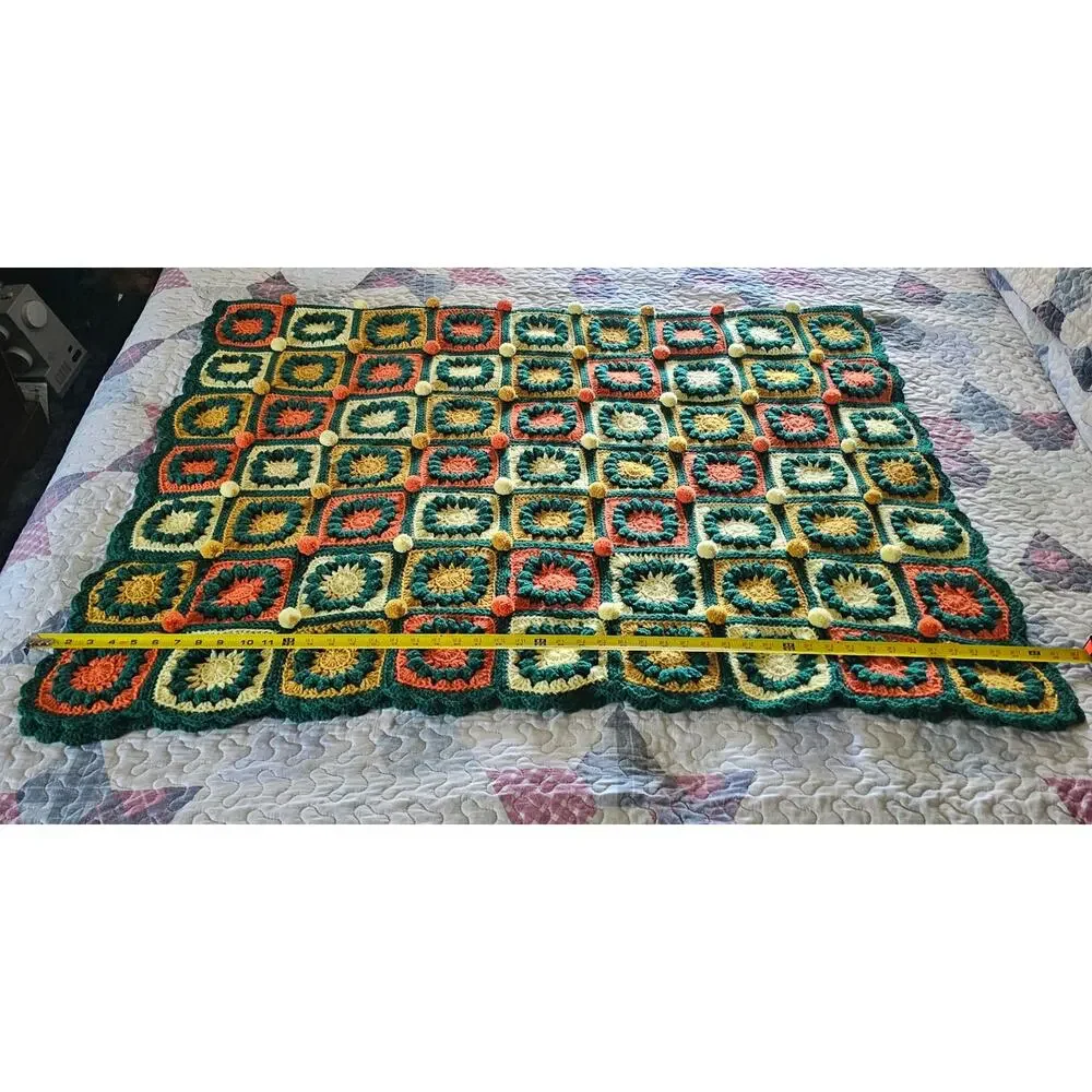 GRANNY SQUARE AFGHAN 4' x 6' Crochet Colorful Puff Balls Scalloped Edge GIFT